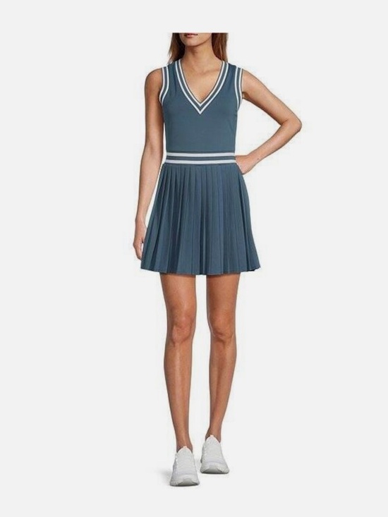 ANTONIO MELANI Dresses & Skirts - ANTONIO MELANI Navy Sleeveless V‑Neck Pleated Dress with White Trim